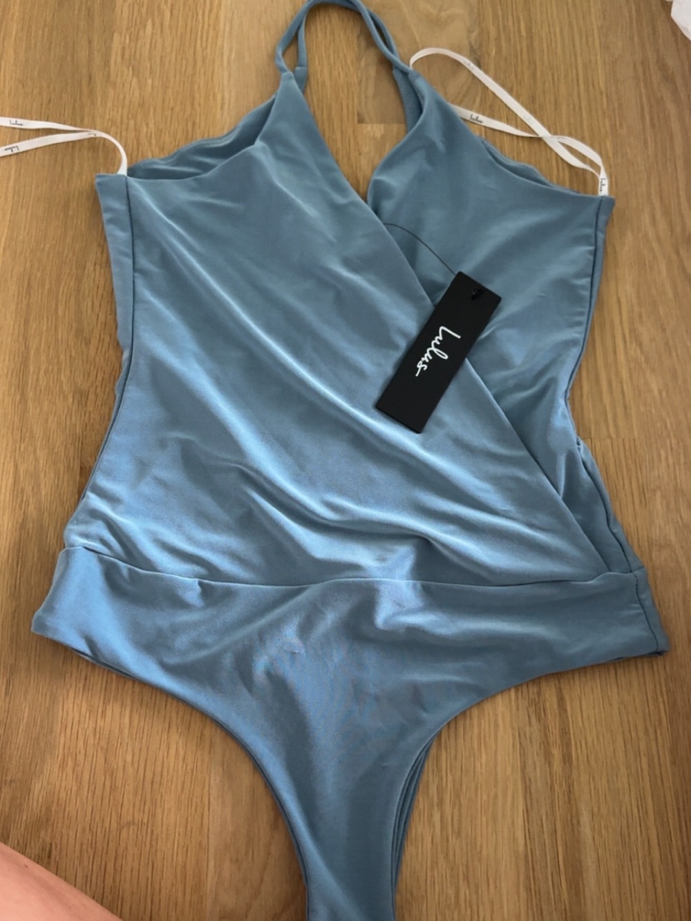 Lulu's Slate Blue Satin Surplice Bodysuit
